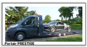 
PORTAIR PRESTIGE
Vhicule spcialement conu pour le
transport de voiture haut de gamme ou de
comptition a tres faible garde au sol.

PORTAIR PRESTIGE 3 500 kg - 5100 kg
Vhicule de base
. Boxer, Jumper, Ducato, chssis PTAC 3.5 T
. Empattement court ou long
. 2 places (version 3 500kg)
. avec ABS sans ESP
Equipement Morice
. Plateau autoportant aluminium
. Dimensions : 5,50 x 2,25 m utiles - 2,1m au passage de roue (angle de chargement 4.5)
. Chssis 2 essieux AR galvanis roues 13 '' voie large (2,51m hors tout)
. Rampes coulissantes L : 2m x 0.40m
. 2 cales de roues + 8 anneaux d'arrimage
. Treuil lectrique 12 V 4 T avec 20 m de cble, tlcommande filaire
. Suspension et abaissement pneumatique AR MoriceAir
. 5 Roues 195/50 x 13 dont une roue de secours AR et son support
. Barre pare-cycliste alu homologue
Poids
. PTAC 3 500kg ou 5 100 kg
. Charge utile jusqu'a 1 200 a 2 500 kg*


